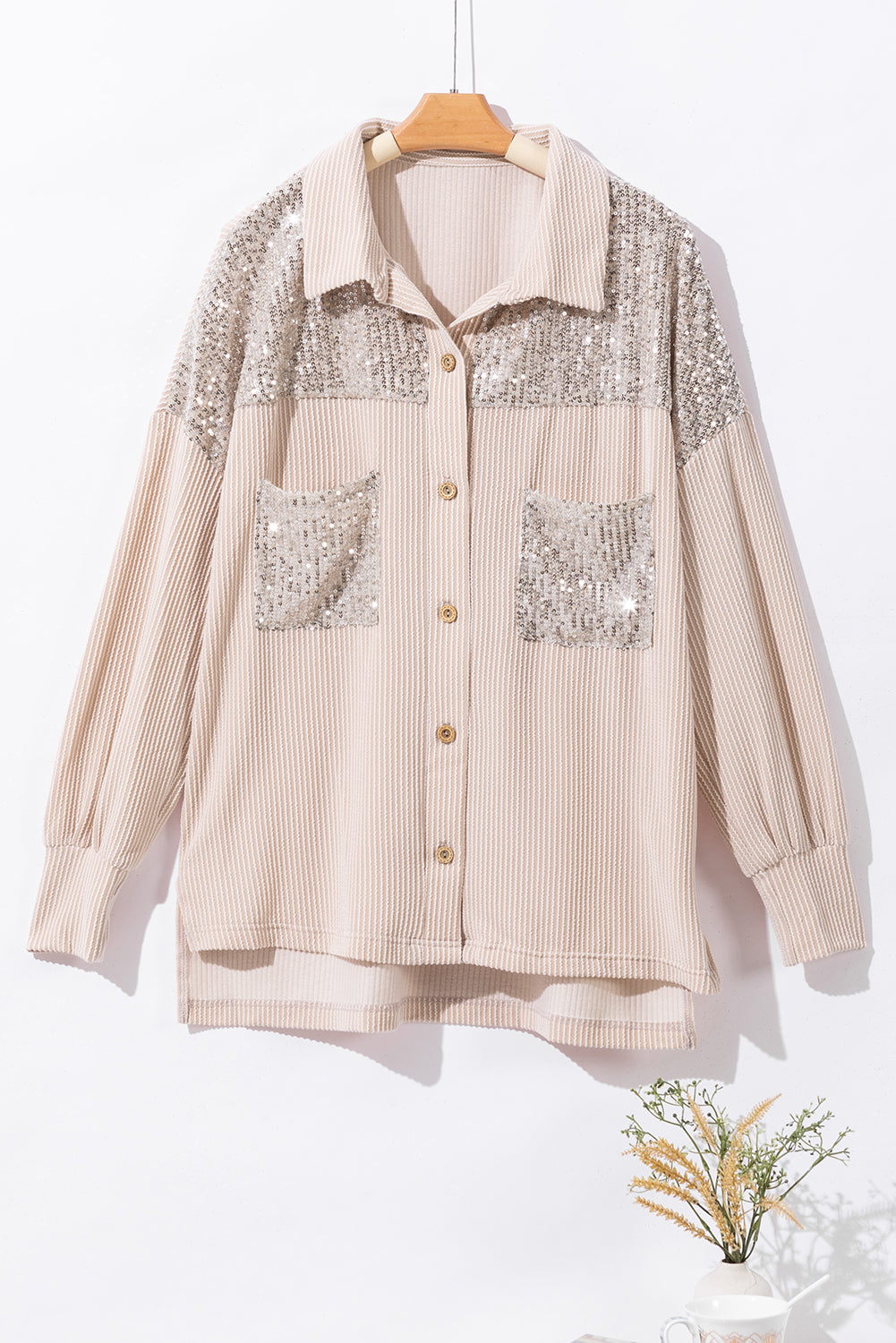 Beige Corded Sequin Shacket