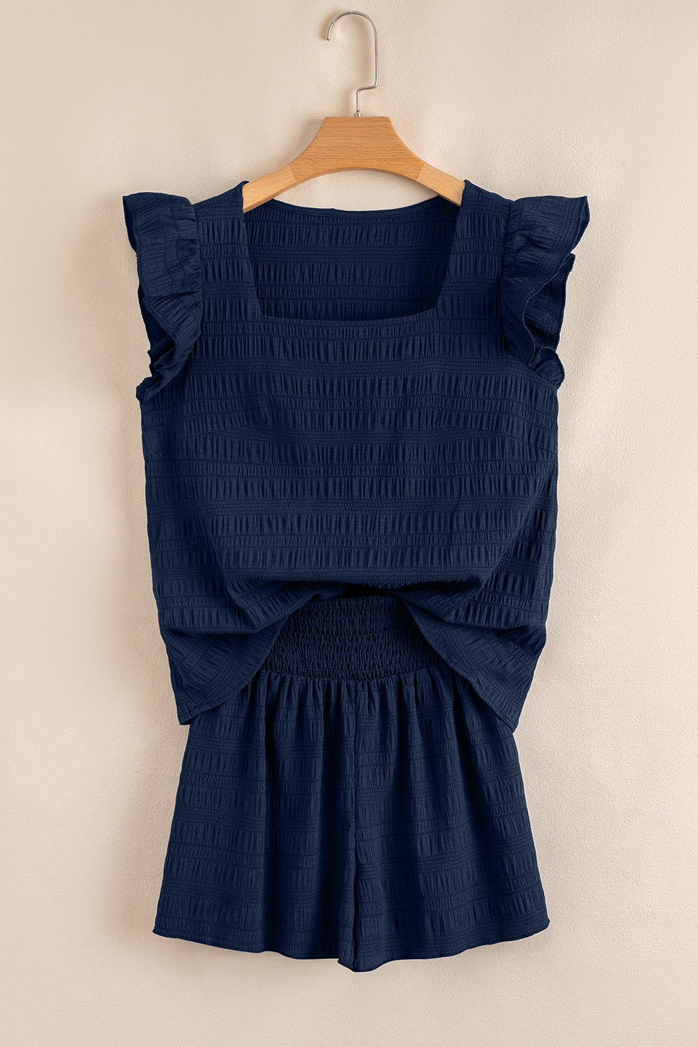 Dark blue Textured Square Neck Top and Shirred High Waist Shorts Set