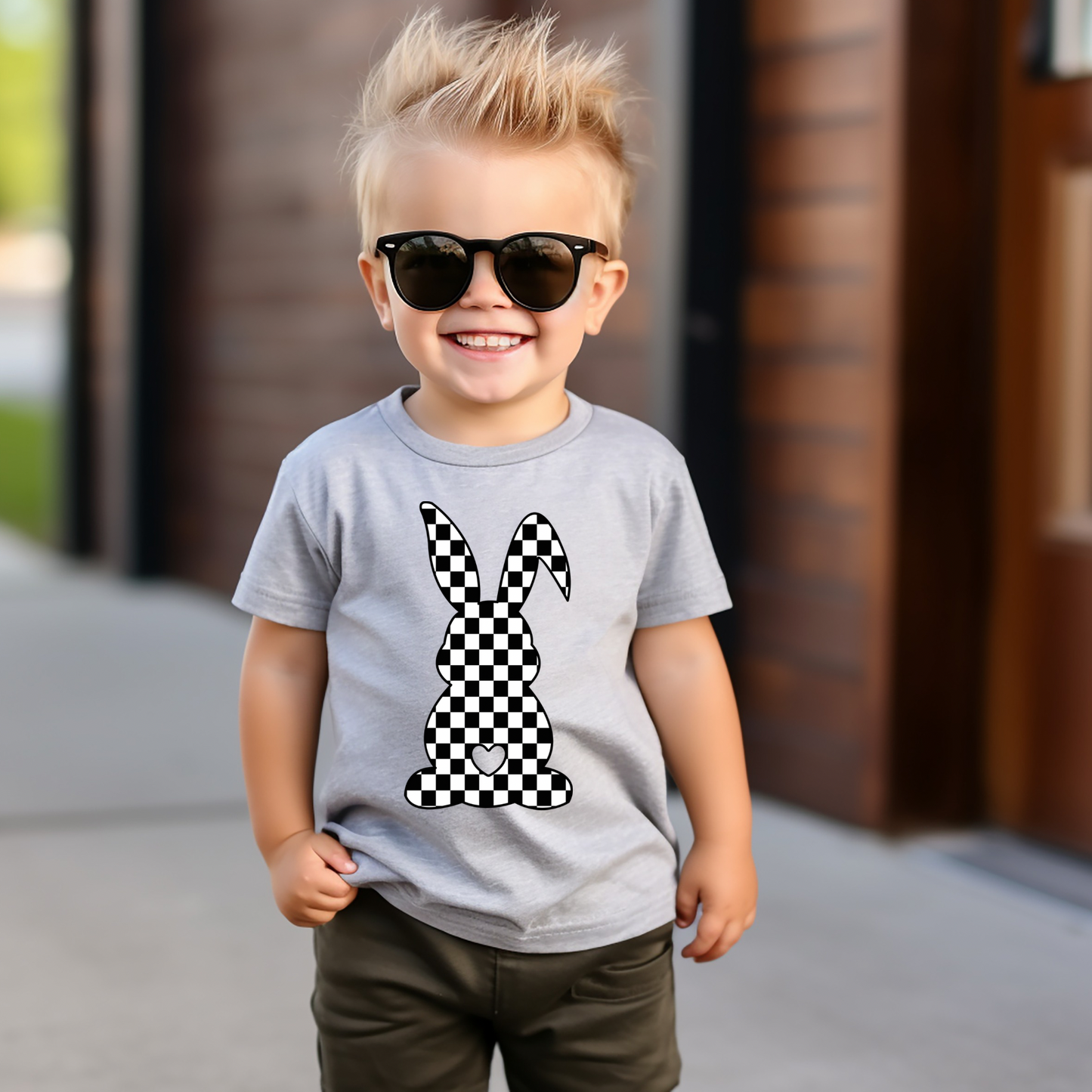 Boys Checkered Bunny graphic tee