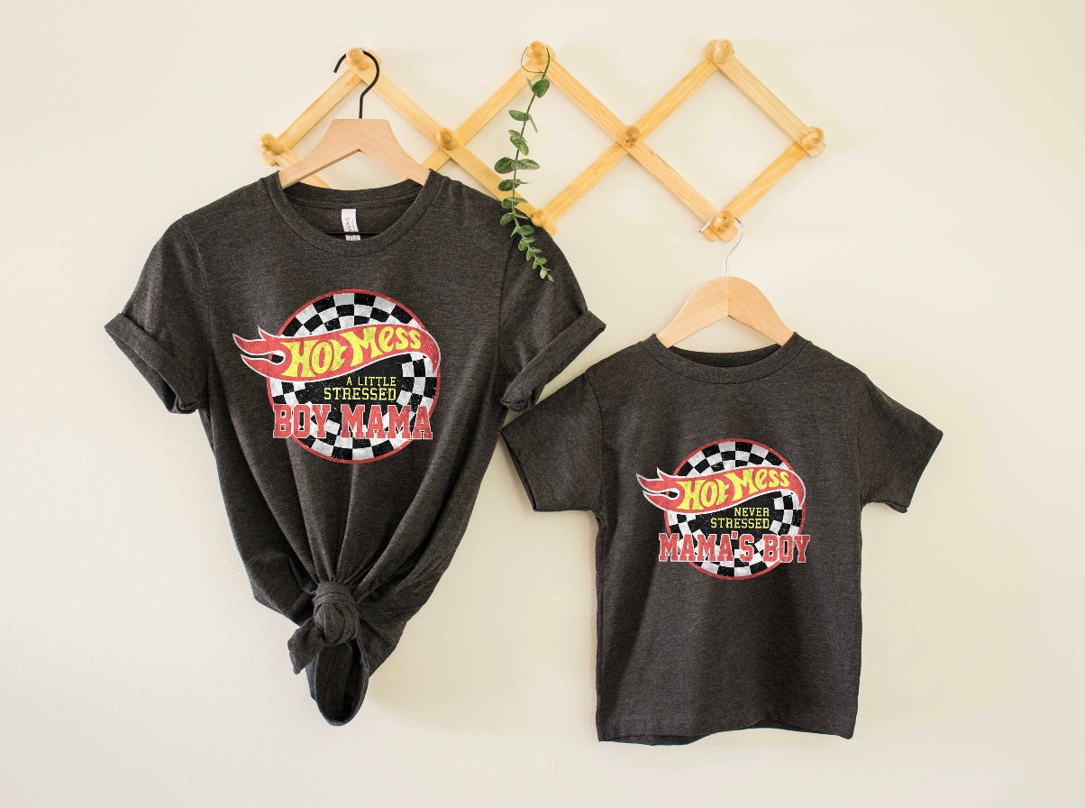 Hot Mess Never Stressed Mamas Boy graphic tee