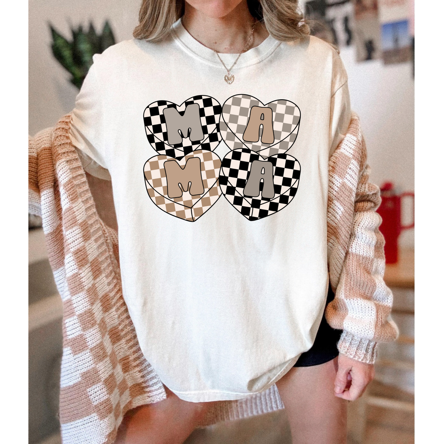 MAMA neutrals checkered hearts graphic tee