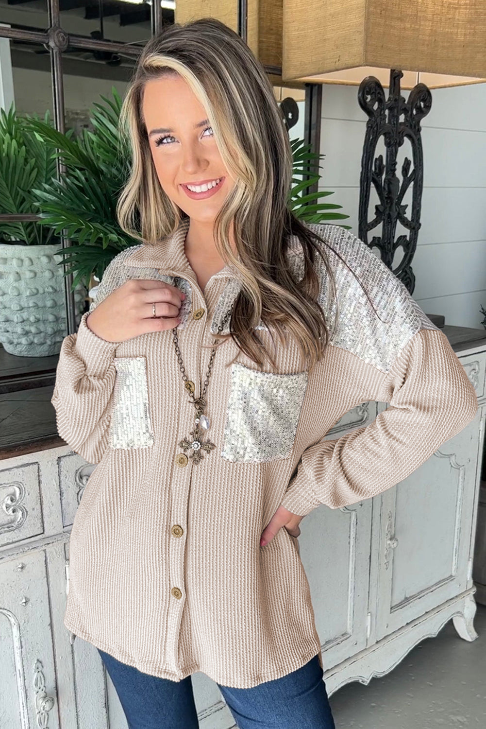 Beige Corded Sequin Shacket