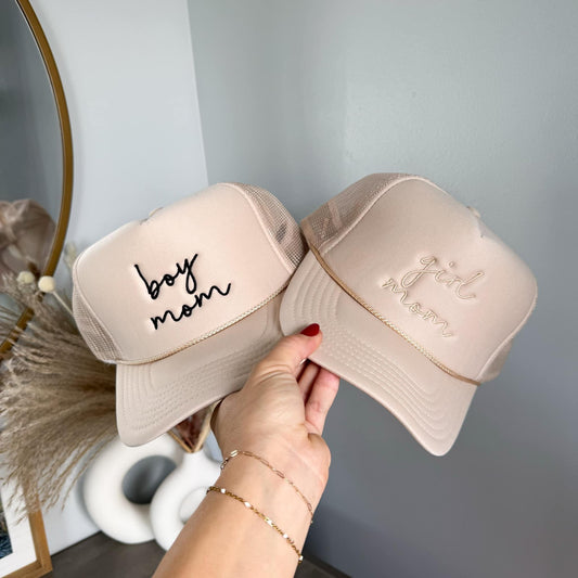 Boy + Girl Mom embroidered trucker