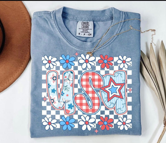 USA checkered floral graphic tee