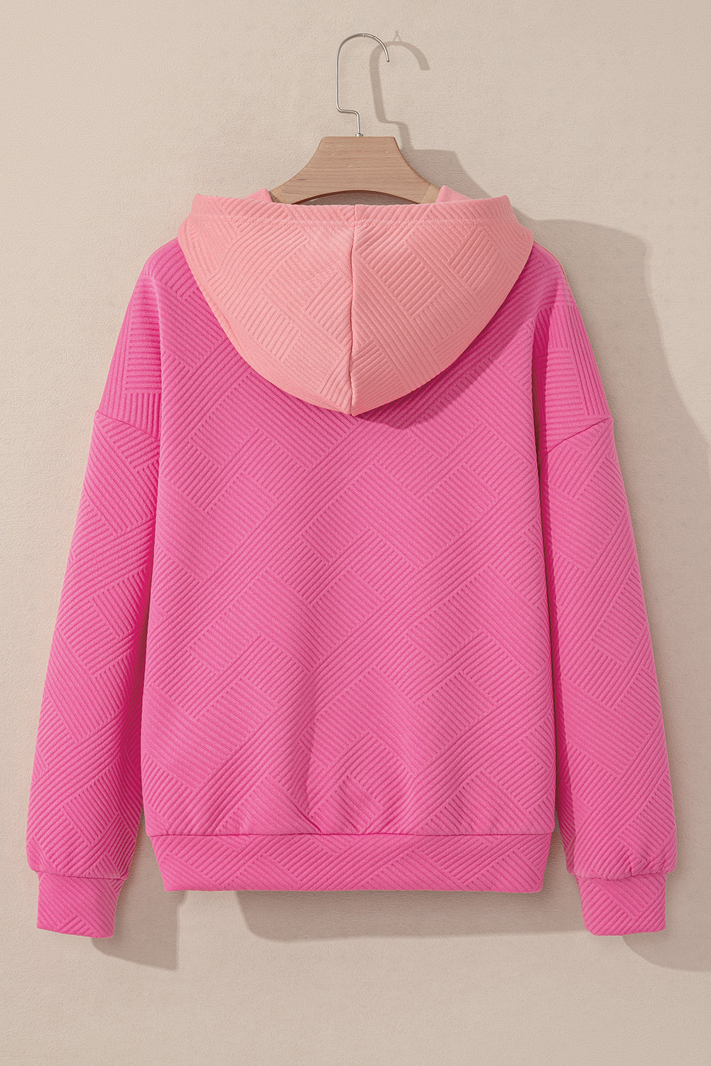 Pink Textured Color Block Kangaroo Pocket Drop Shoulder Hoodie