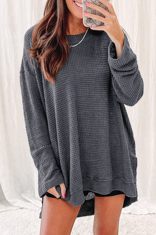 Gray Waffle Knit High Slits Oversized Top