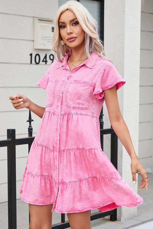 Bonbon Mineral Washed Ruffle Sleeve Tiered Chambray Dress