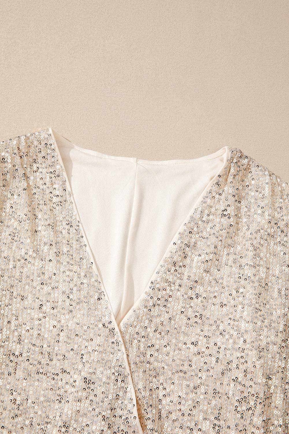 Beige Sequin Long Sleeve Wrap V Neck Bodysuit