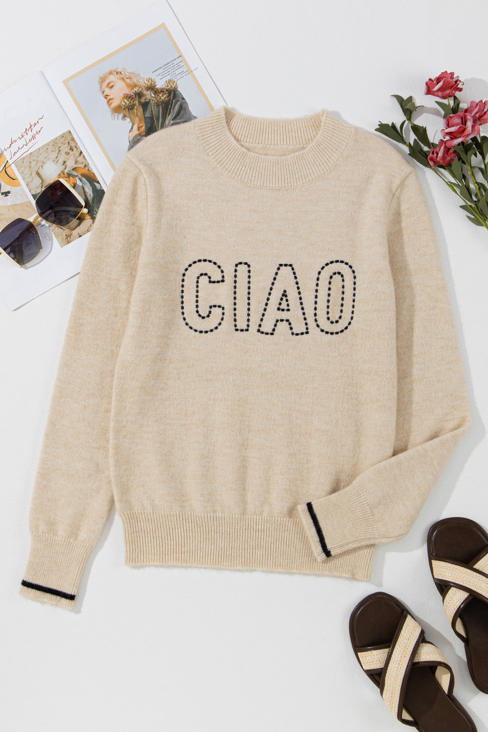 Oatmeal CIAO Letter Graphic Crew Neck Sweater