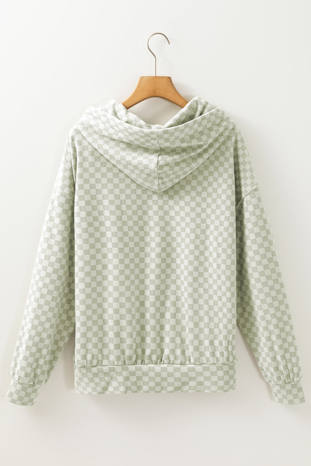 Green Checkered Print Kangaroo Pocket Drawstring Hoodie