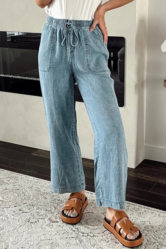 Mineral Wash Drawstring Waist Loose Straight Denim Pants