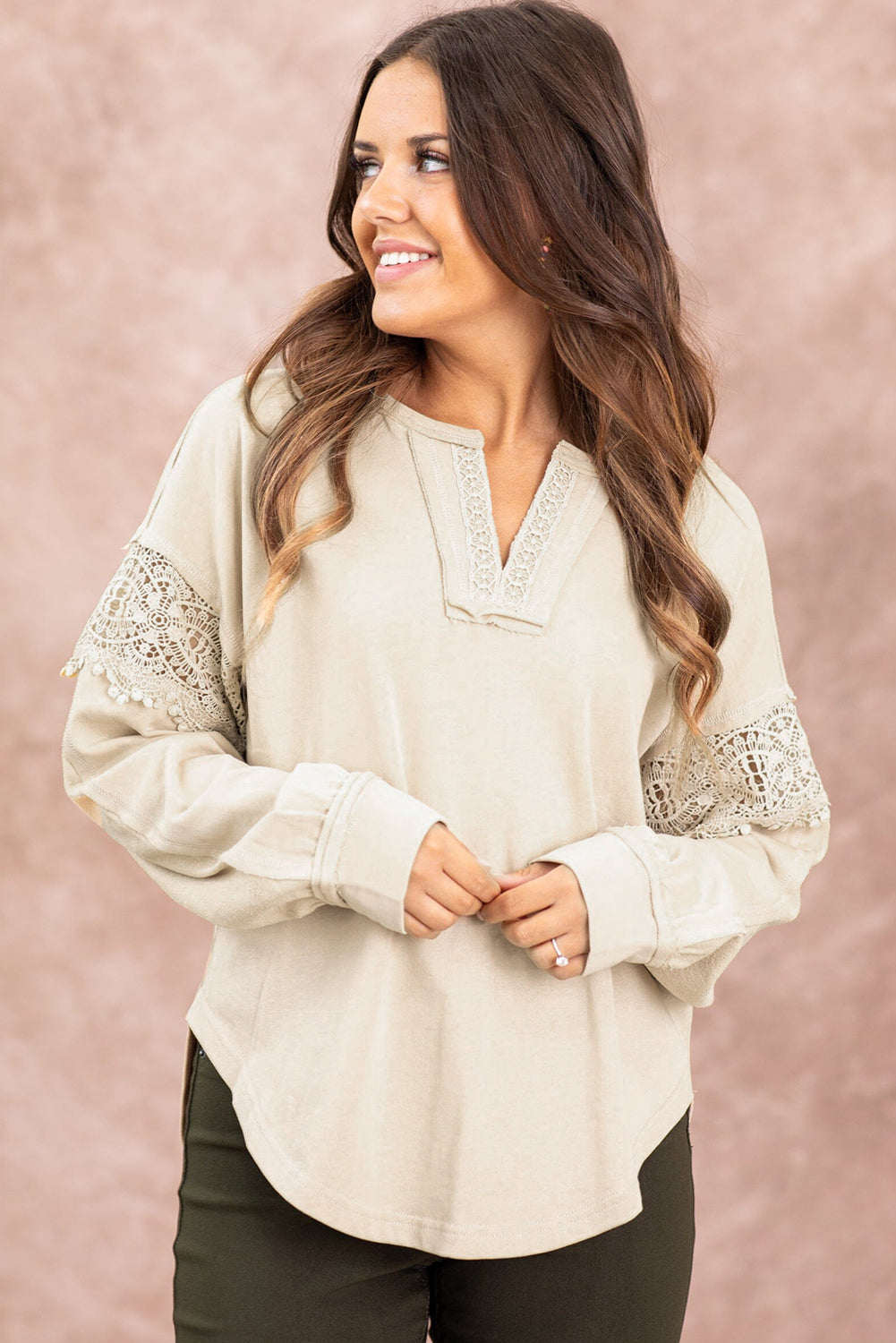 Oatmeal Notched Neck Crochet Insert Round Hem Sweatshirt