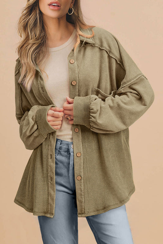 Moss Green Waffle Knit Patchwork Buttoned Oversized Shacket