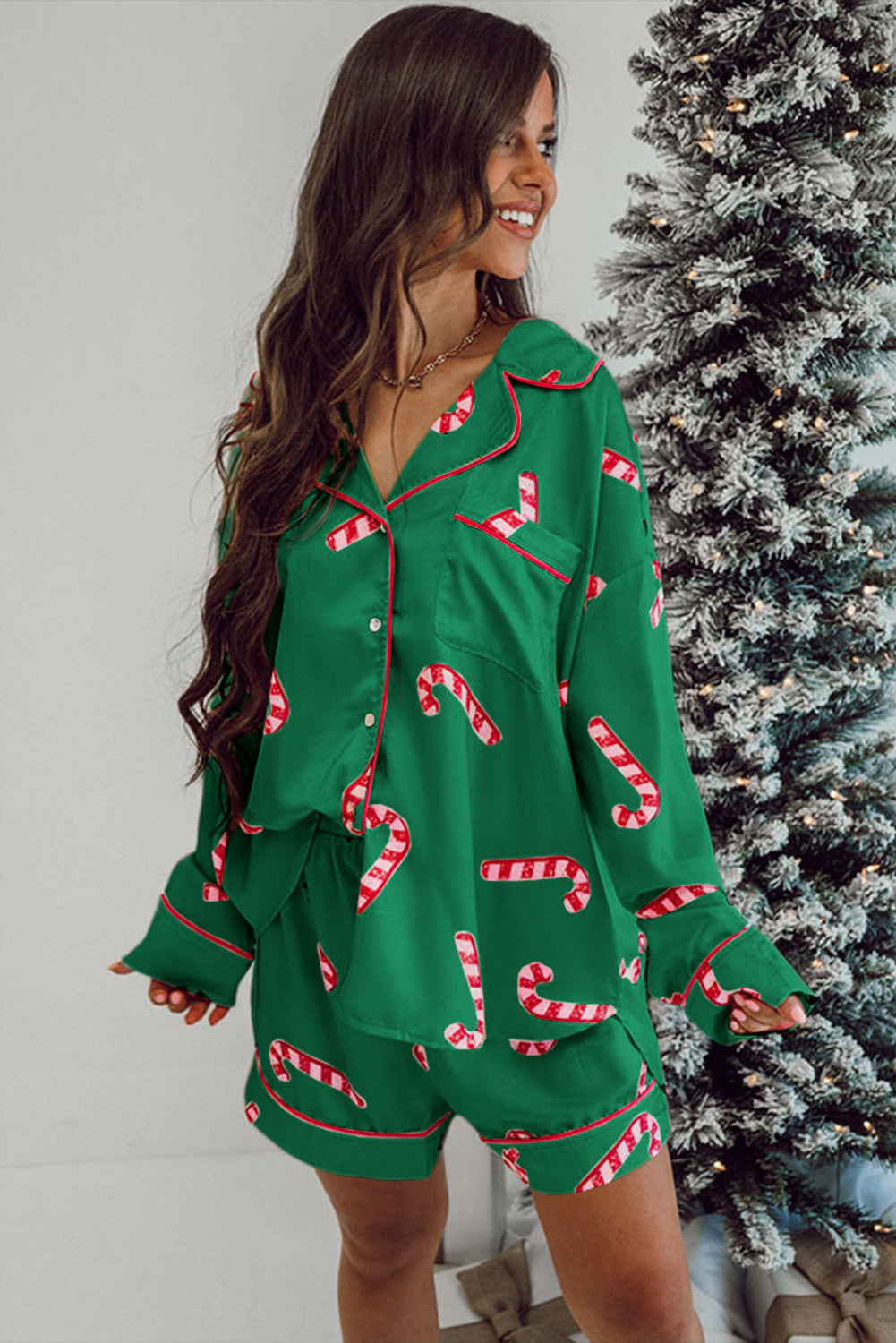 Green Christmas Candy Cane Print Shirt and Shorts Pajama Set