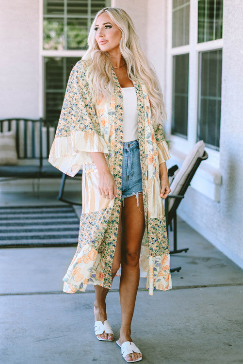 Multicolor Wide Sleeve Mixed Floral Print Long Kimono