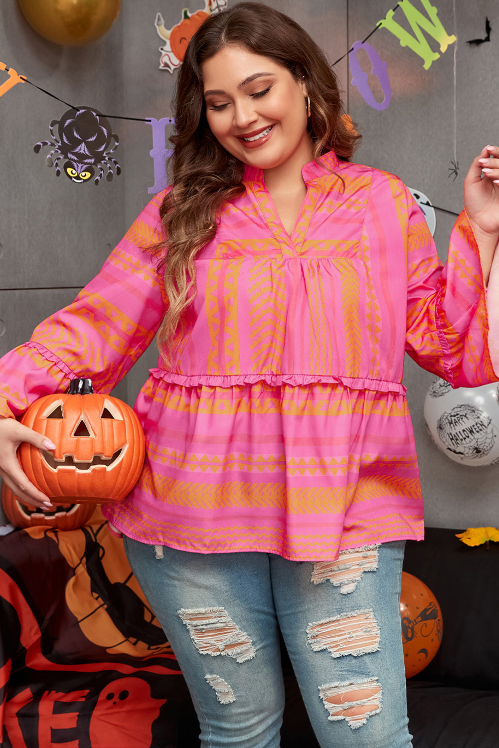 Vitality Orange Plus Size Geometric Embroidered Bell Sleeve Babydoll Blouse