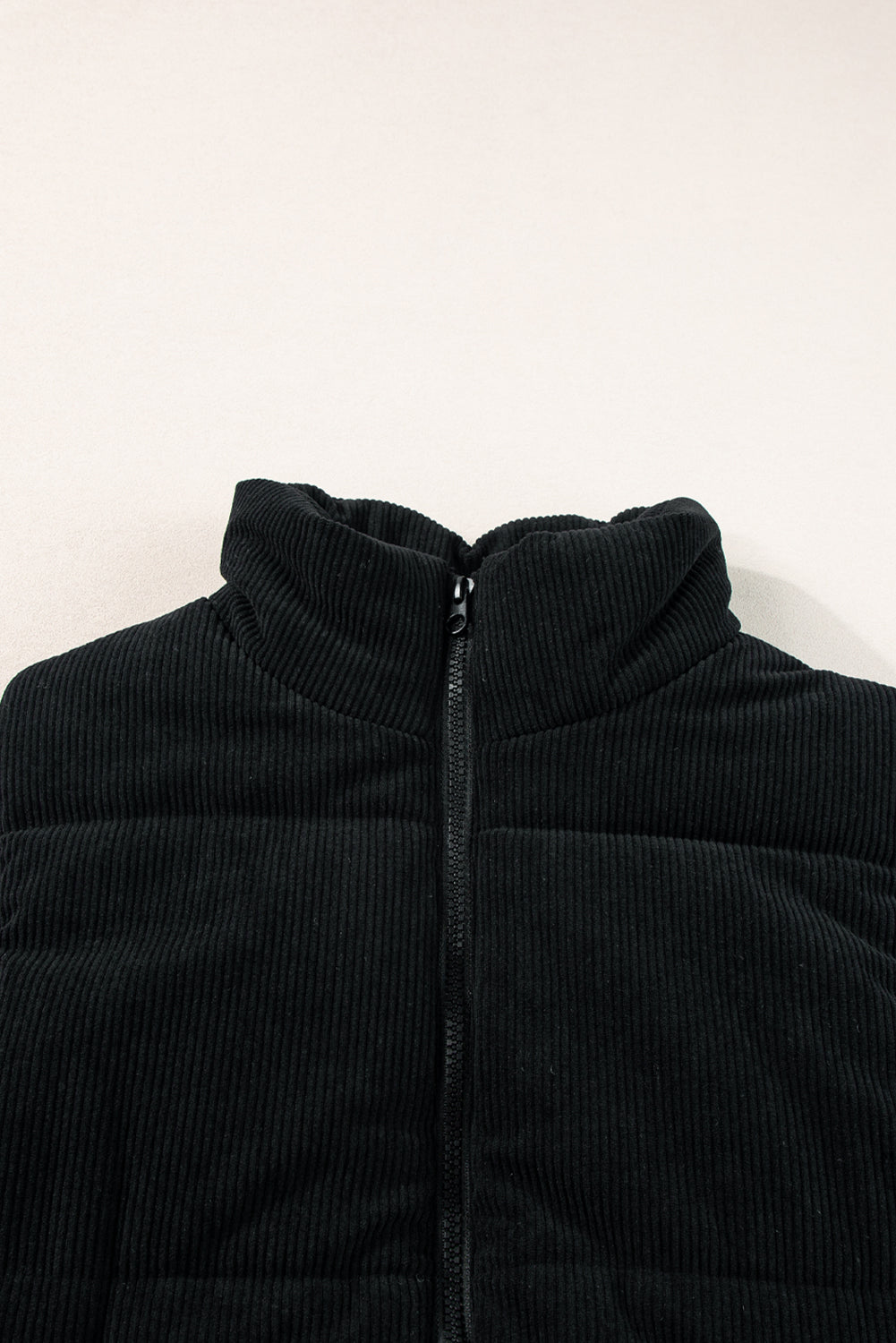 Black Corduroy Stand Neck Zipped Puffer Vest