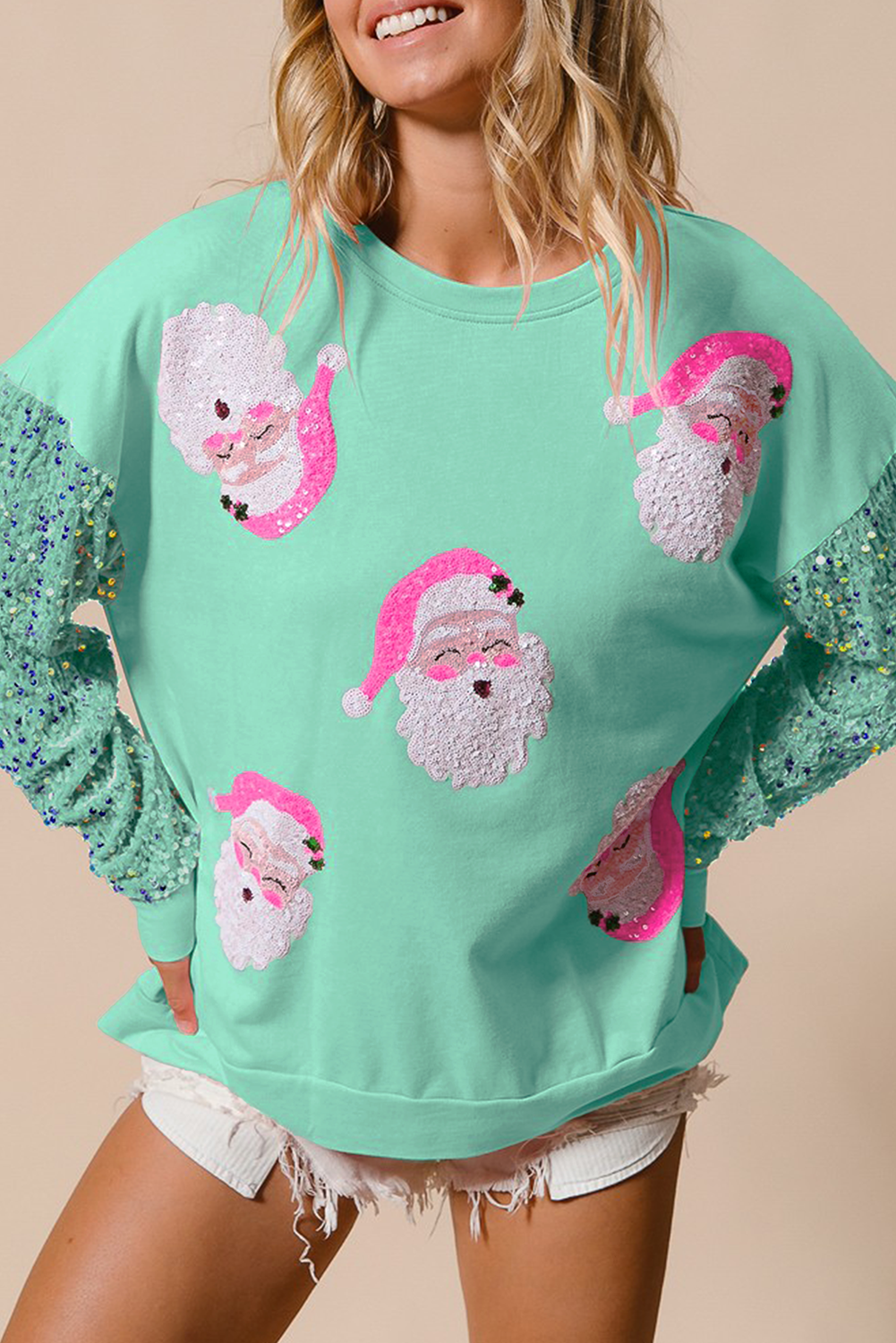 Moonlight Jade Sequined Santa Claus Long Sleeve Christmas Sweatshirt