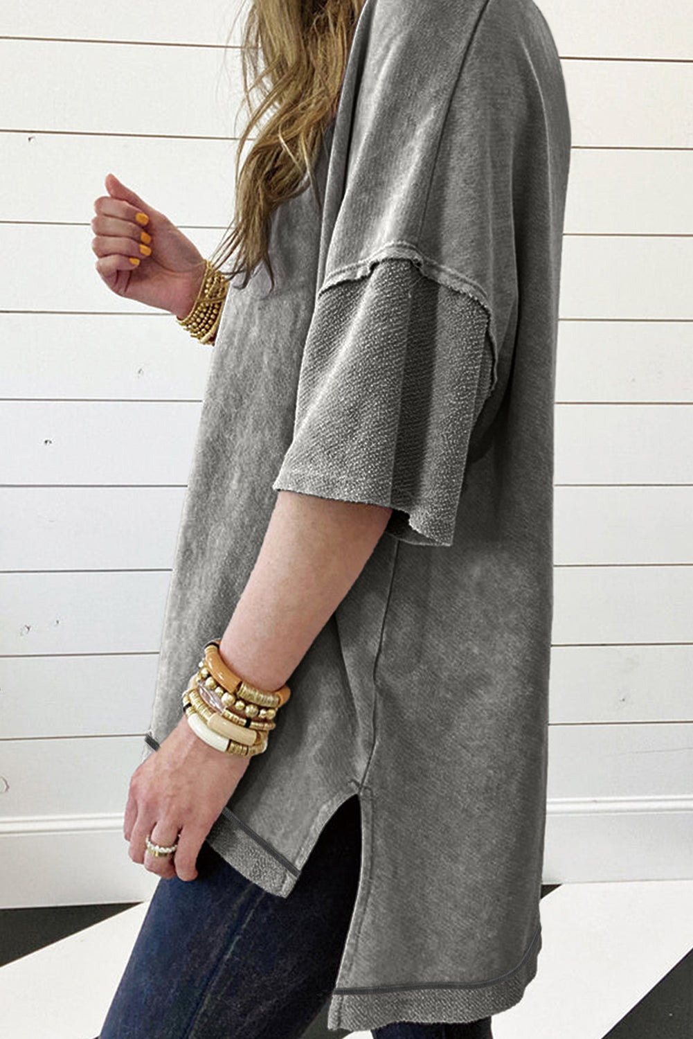 Gray Mineral Wash Exposed Seam Drop Shoulder Oversized Tee