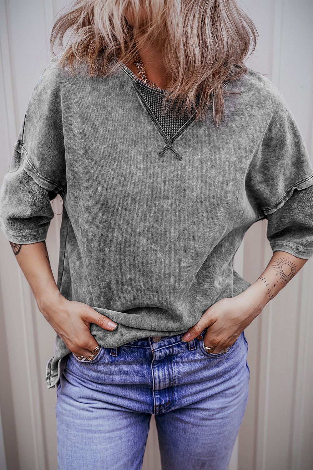 Gray Mineral Wash Exposed Seam Drop Shoulder Oversized Tee