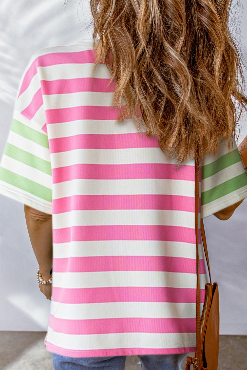 Pink Stripe Contrast Patch Pocket Drop Sleeve T Shirt