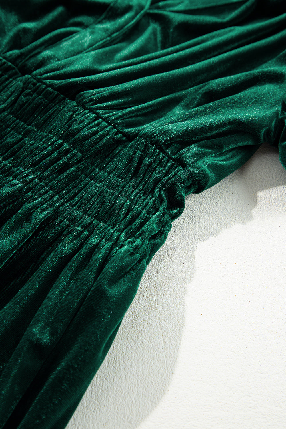 Evergreen Velvet Short Sleeve Shirred Waist Tiered Maxi Dress