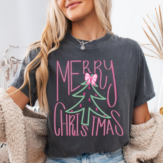 Merry Christmas Thin Christmas Tree Graphic Tee