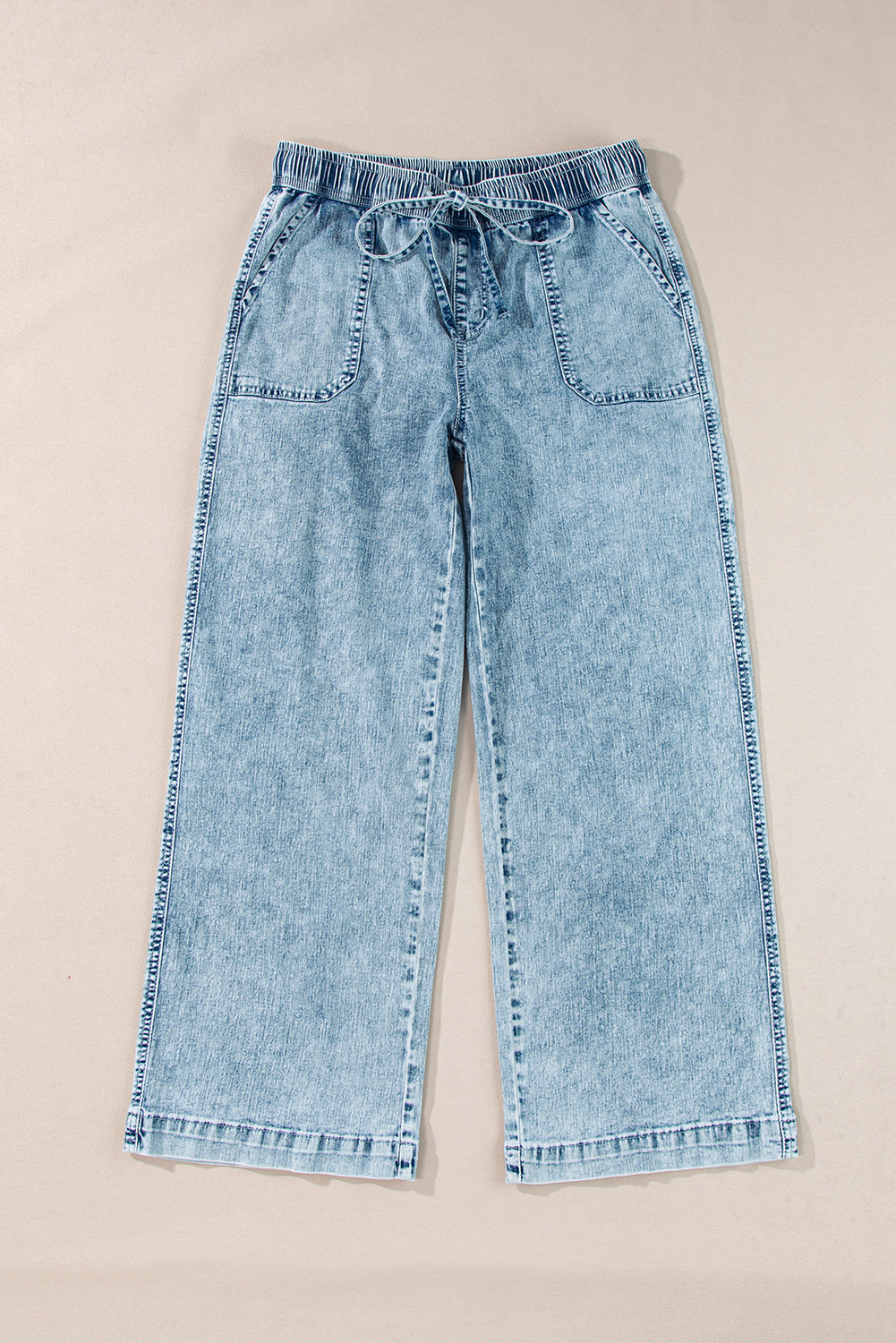 Mineral Wash Drawstring Waist Loose Straight Denim Pants