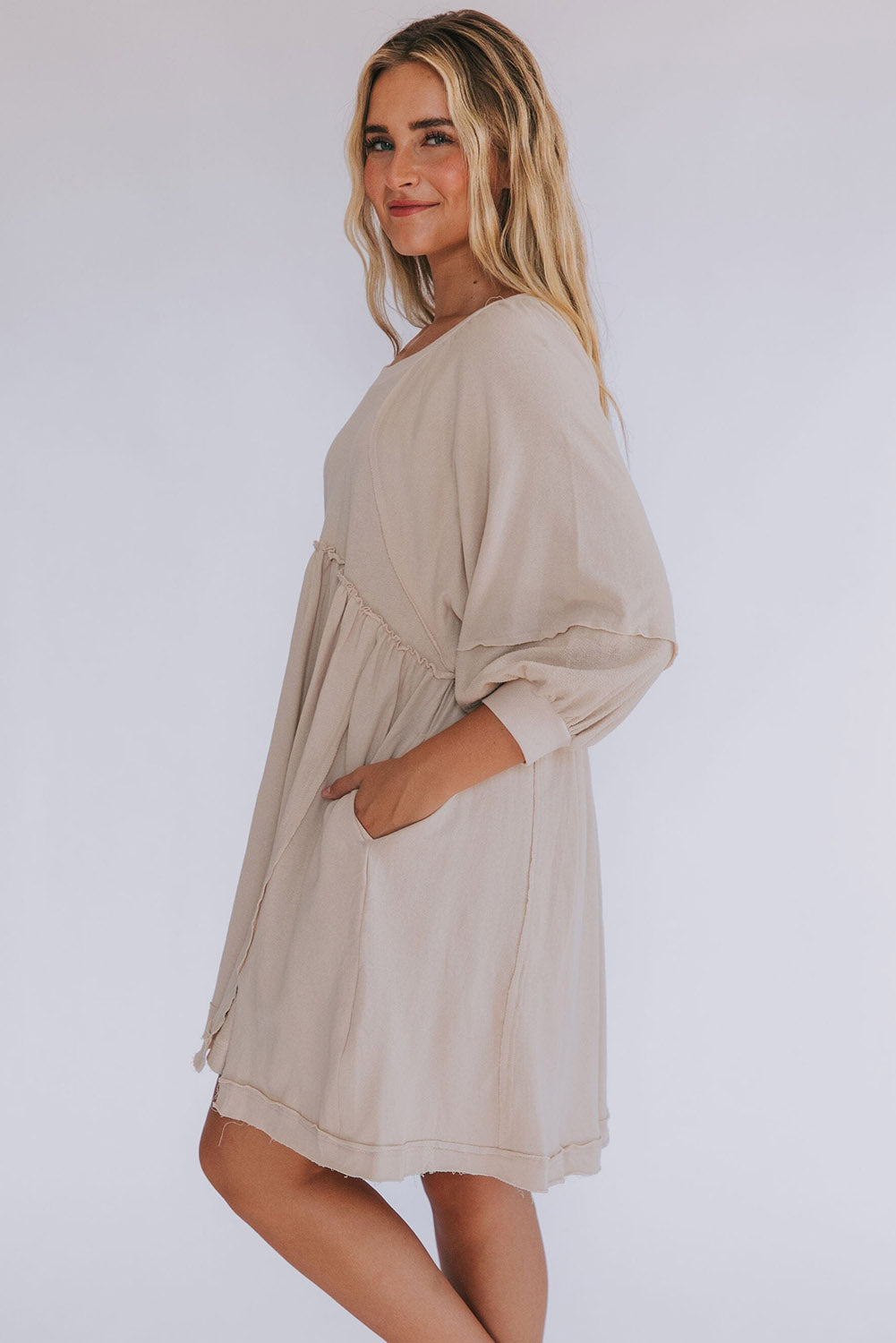 Oatmeal 3/4 Sleeves High Waist Slits Mini Dress