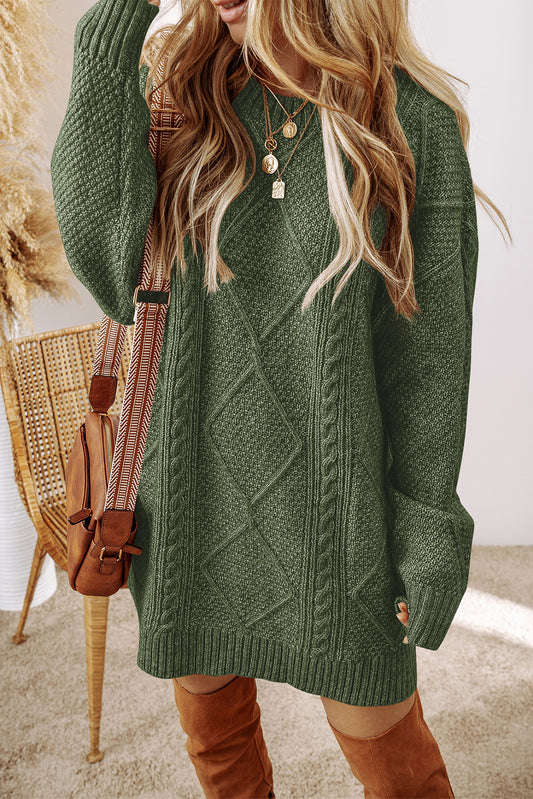 Mist Green Cable Knit Drop Shoulder Loose Fit Sweater Dress