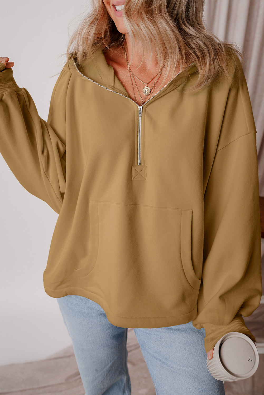 Brown Fleece Lined Half Zipper Kangaroo Pockets Loose Hoodie