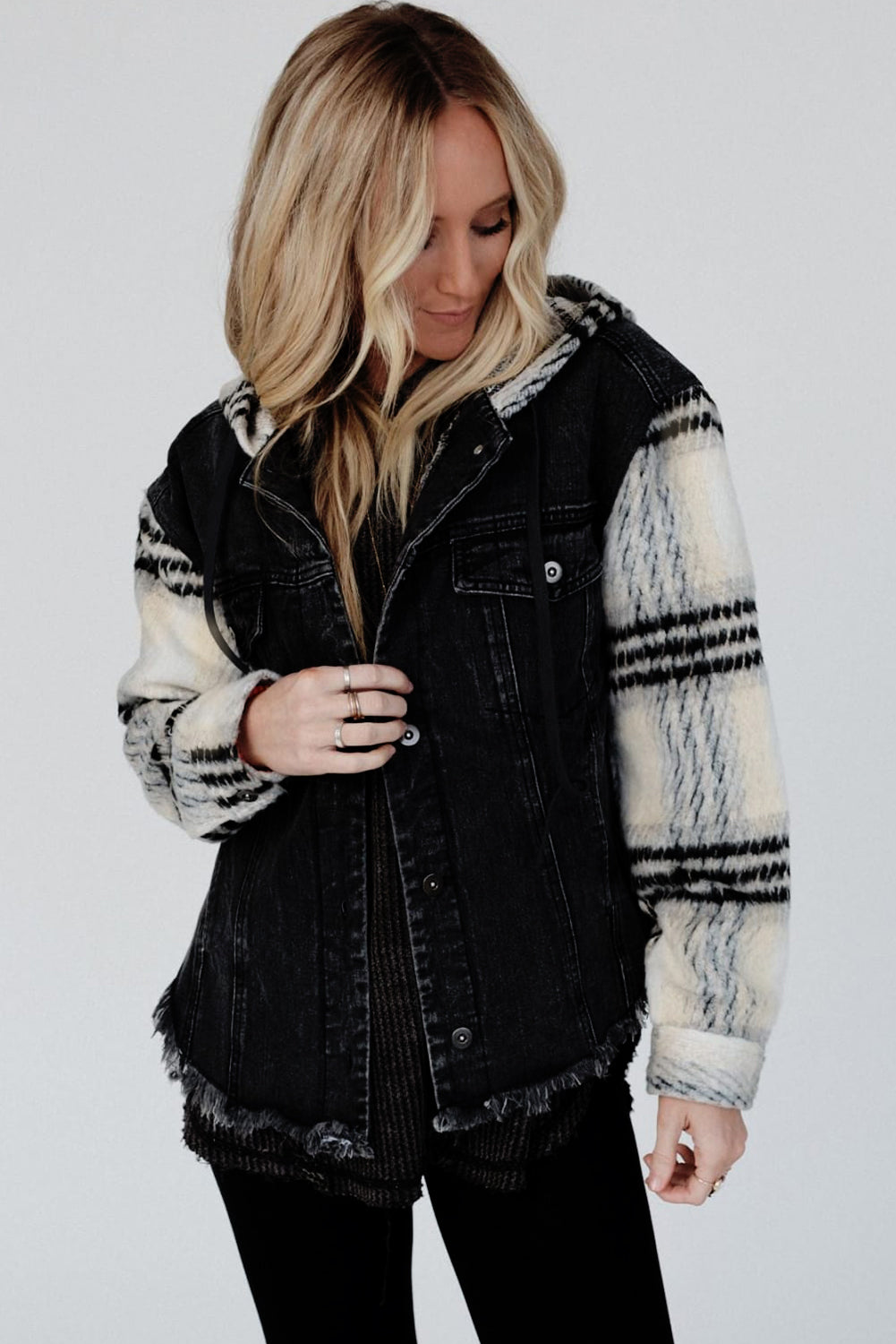 Black Plaid Sleeve Frayed Hem Hooded Denim Jacket