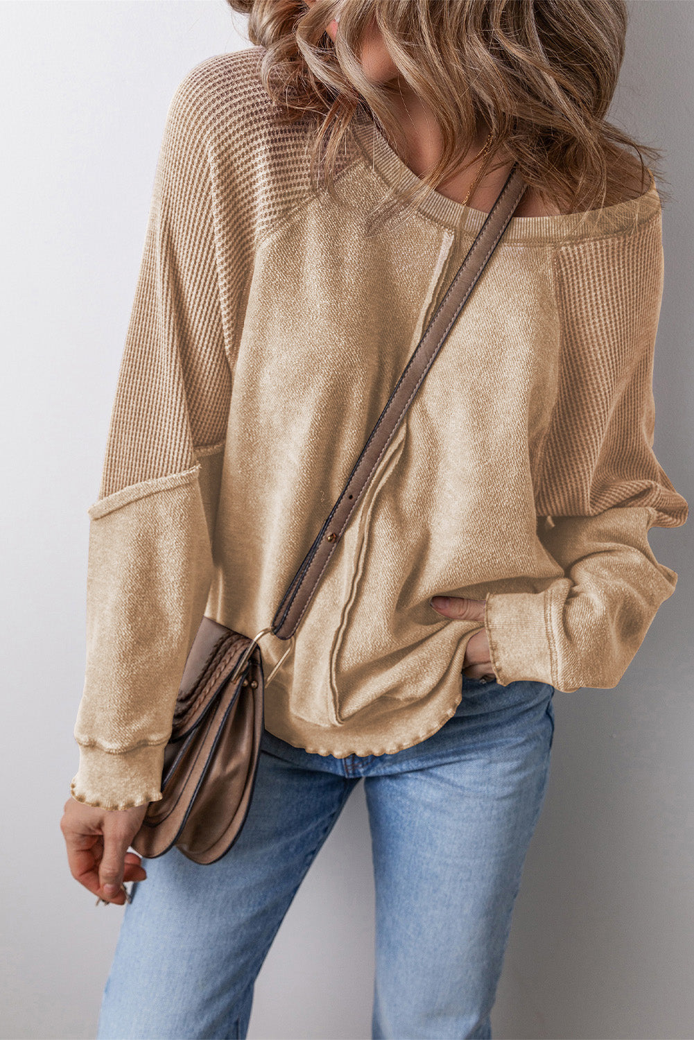 Light French Beige Waffle Knit Patchwork Exposed Seam Raglan Sweatshirt