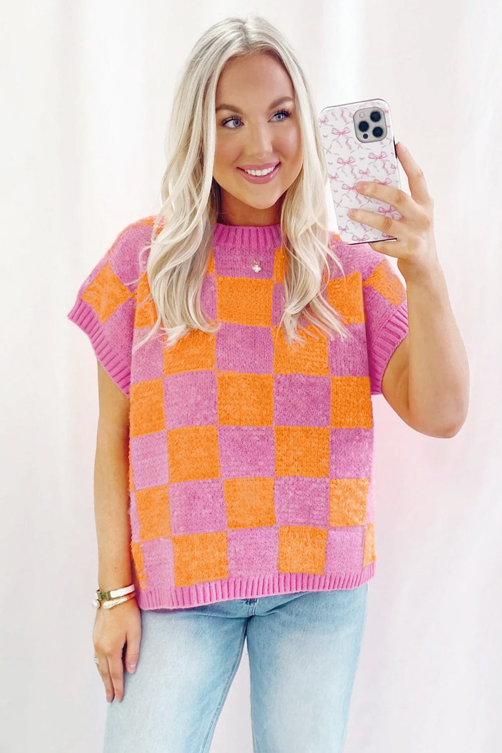 Strawberry Pink Colorblock Plaid Pattern Ribbed Trim Sweater Tank Top