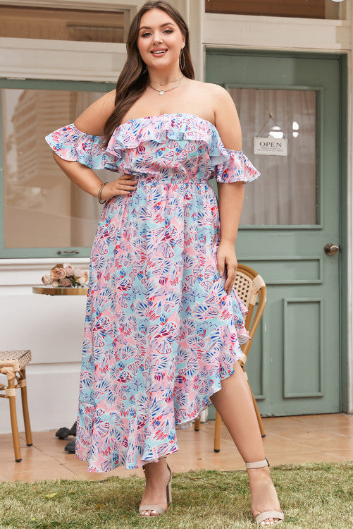 Pink Sea Shell Print Ruffled Sleeve Plus Size Maxi Dress