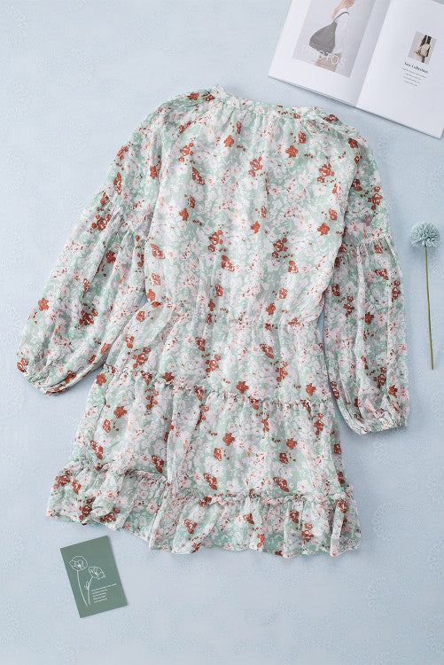 Green V Neck Puff Sleeves Floral Tunic Dress