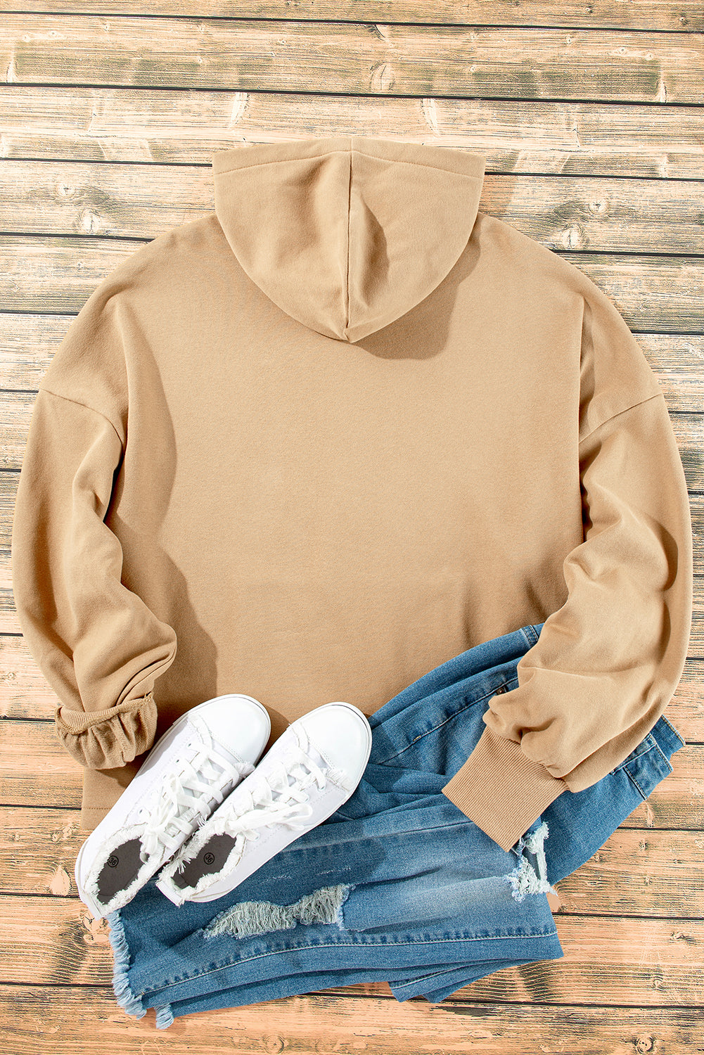 Parchment Fleece Lined Half Zipper Kangaroo Pockets Loose Hoodie