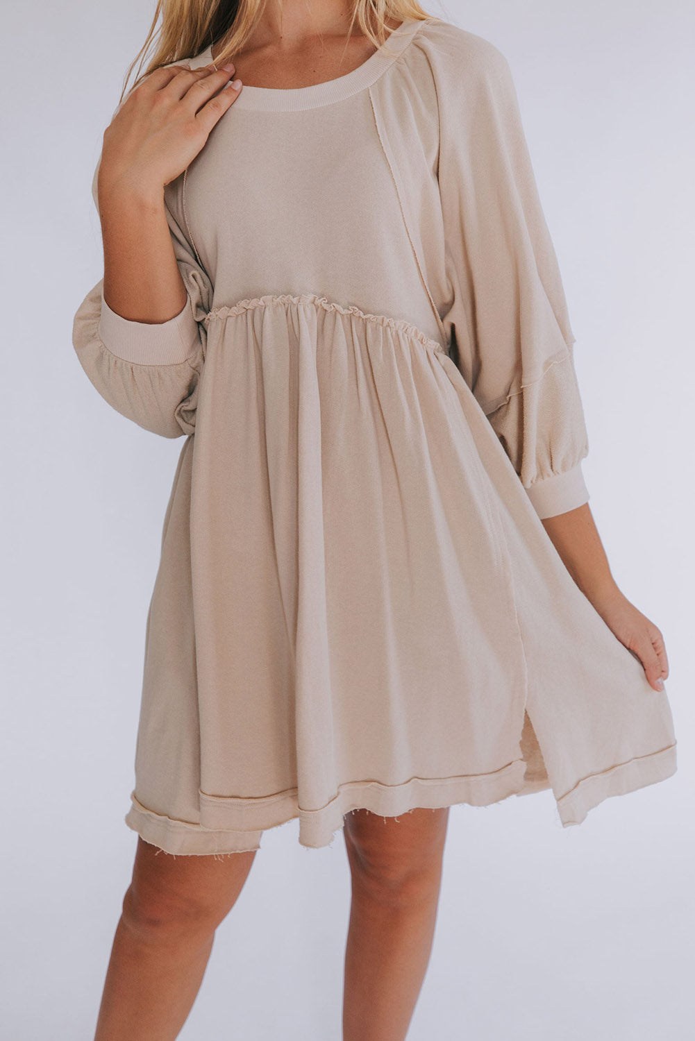 Oatmeal 3/4 Sleeves High Waist Slits Mini Dress