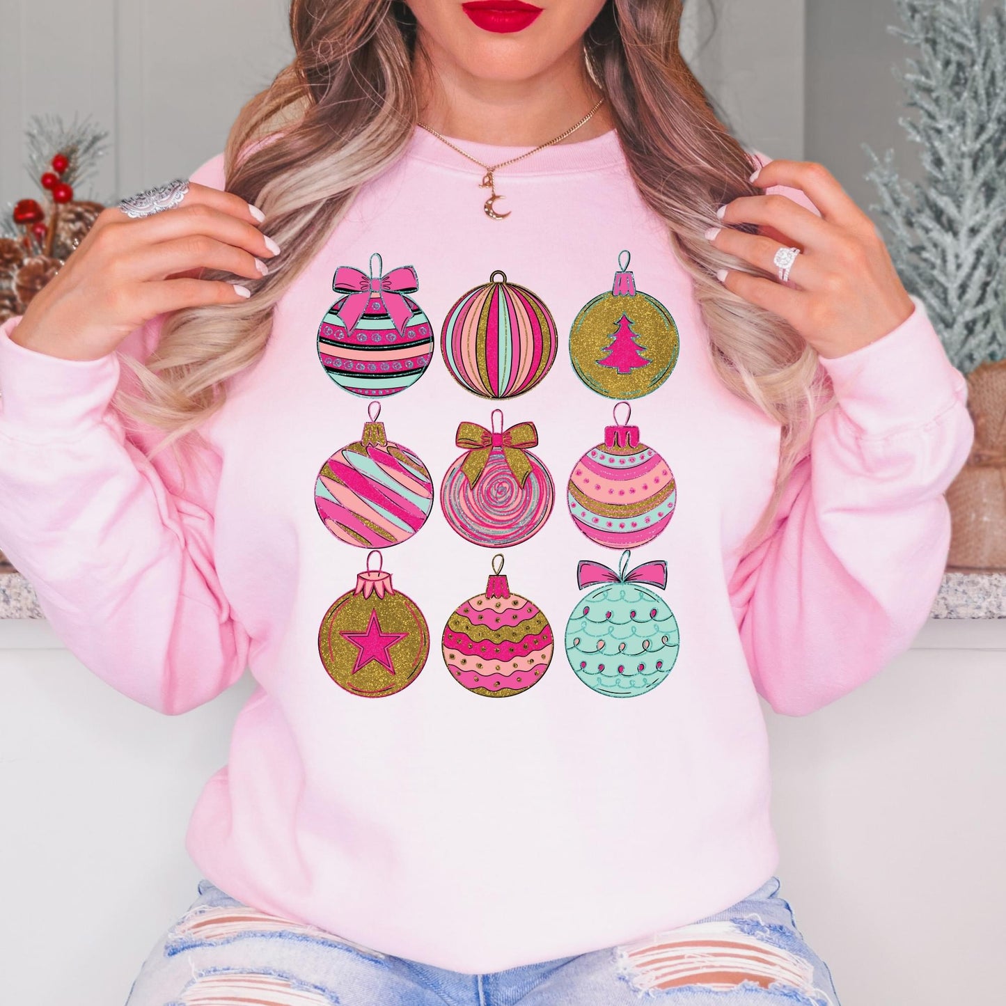 Pink Christmas Ornaments Crewneck Sweatshirt