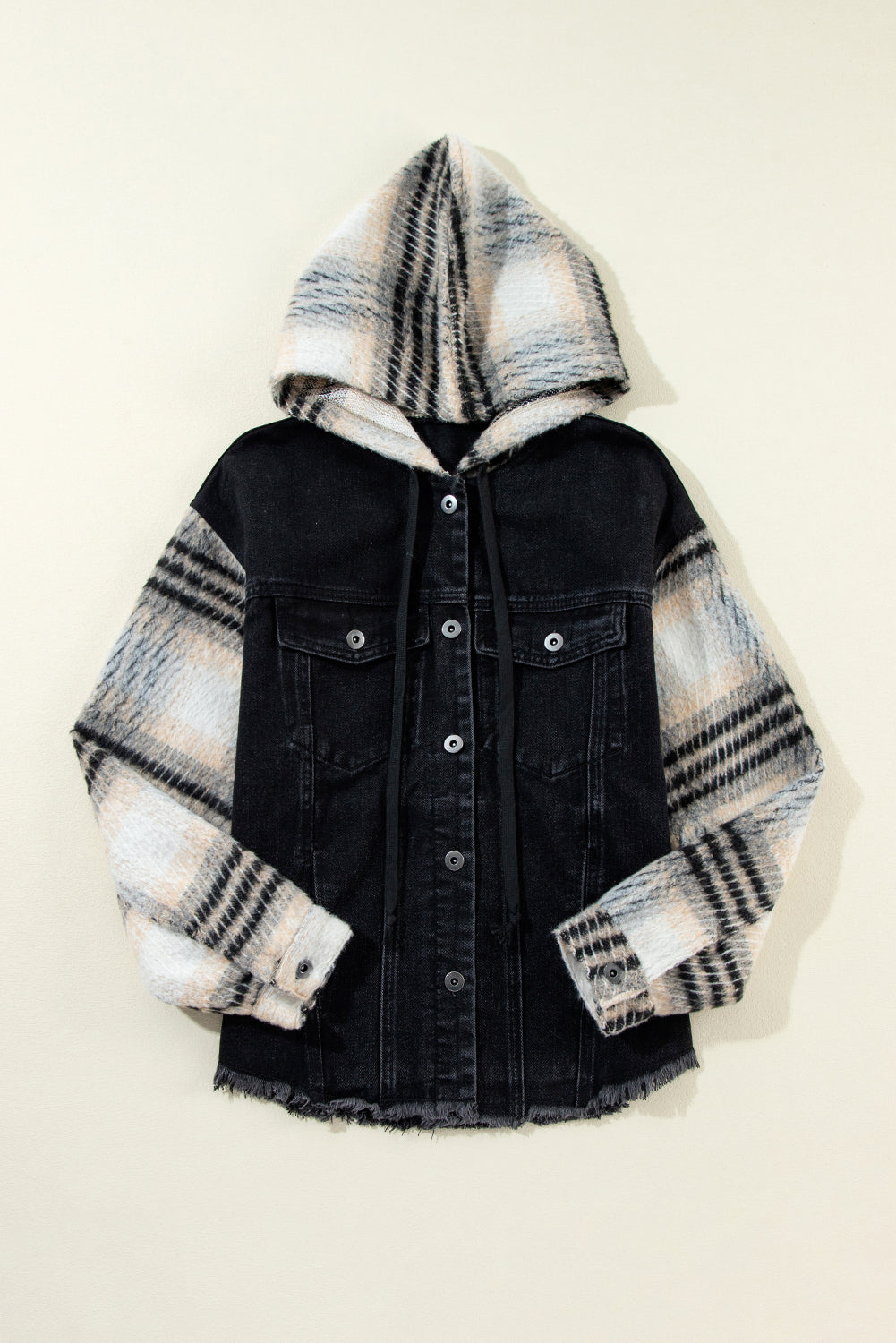 Black Plaid Sleeve Frayed Hem Hooded Denim Jacket