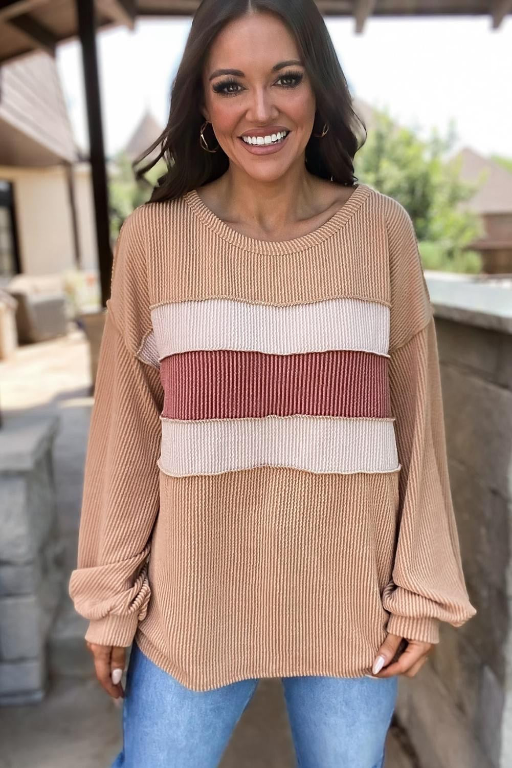 Light French Beige Colorblock Rib Corded Sweatshirt