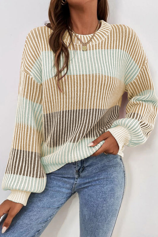 Brown Colorblock Textured Knit Bubble Sleeve Sweater