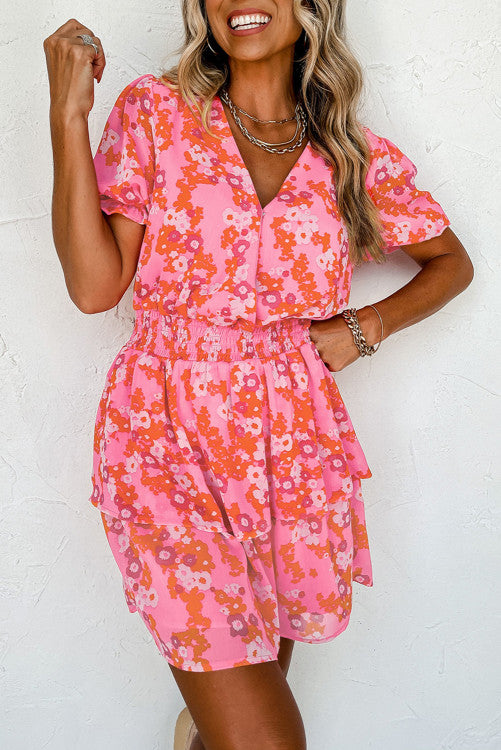 Pink Floral V Neck Short Ruffle Tiered Dress