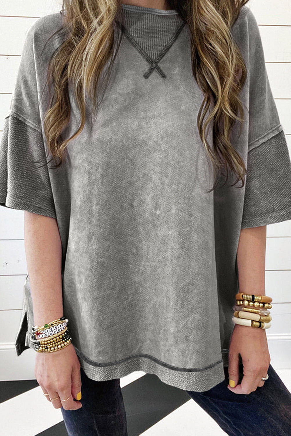 Gray Mineral Wash Exposed Seam Drop Shoulder Oversized Tee