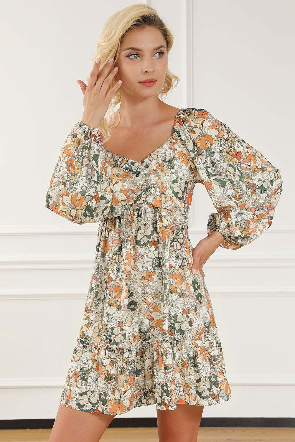 Floral Print Smocked Back Puff Sleeve Mini Dress