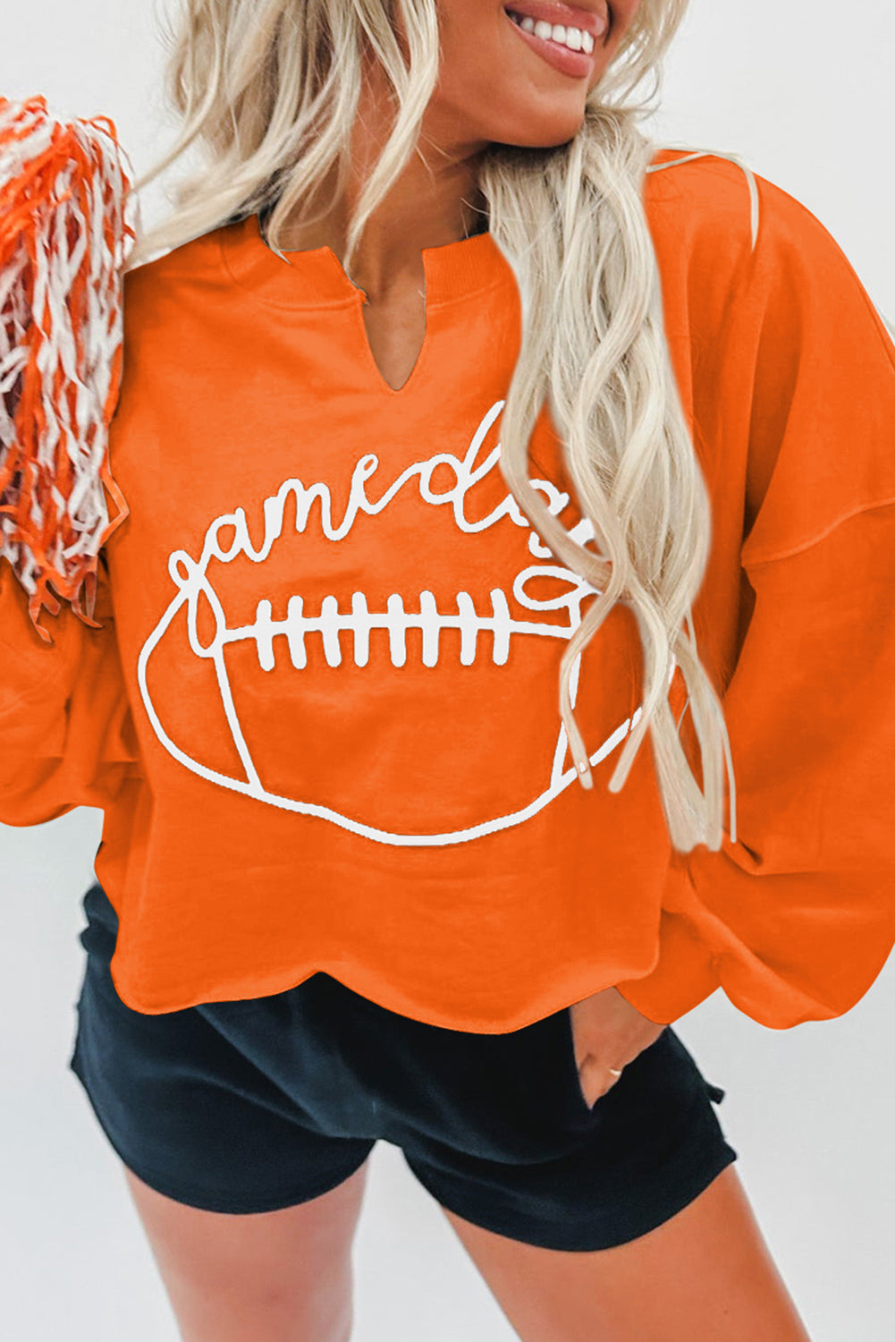 Orange Game Day Lettering Rugby Football Notched Neck Sweatshirt