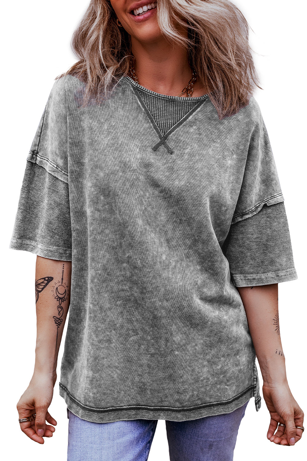 Gray Mineral Wash Exposed Seam Drop Shoulder Oversized Tee