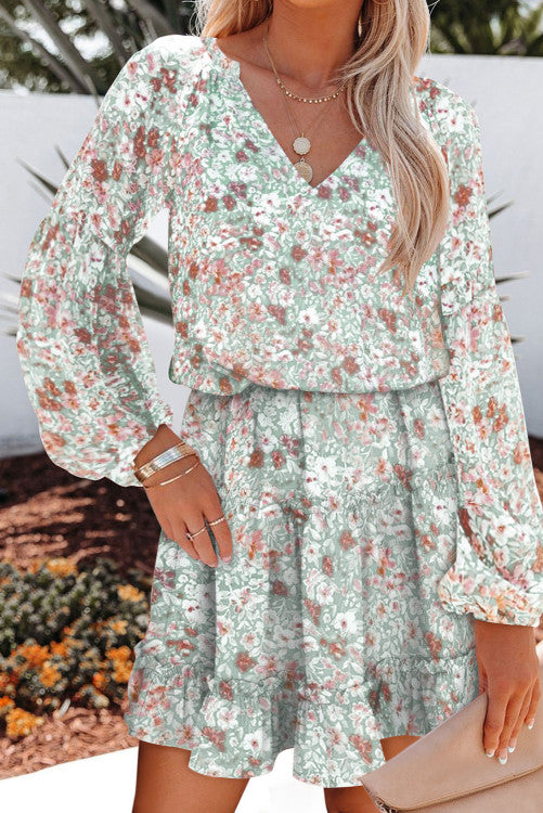 Green V Neck Puff Sleeves Floral Tunic Dress