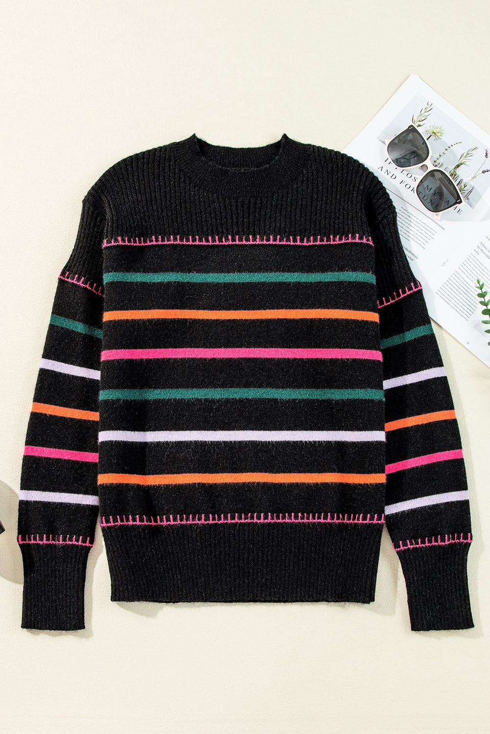 Black Colorful Striped Ribbed Trim Sweater