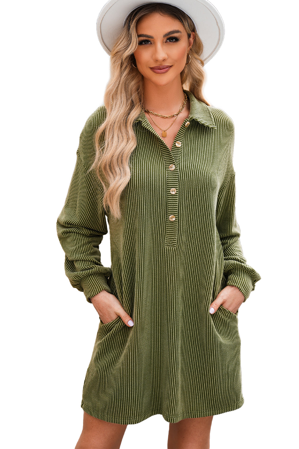 Moss Green Corded Buttons Placket Drop Shoulder Collared Shift Dress